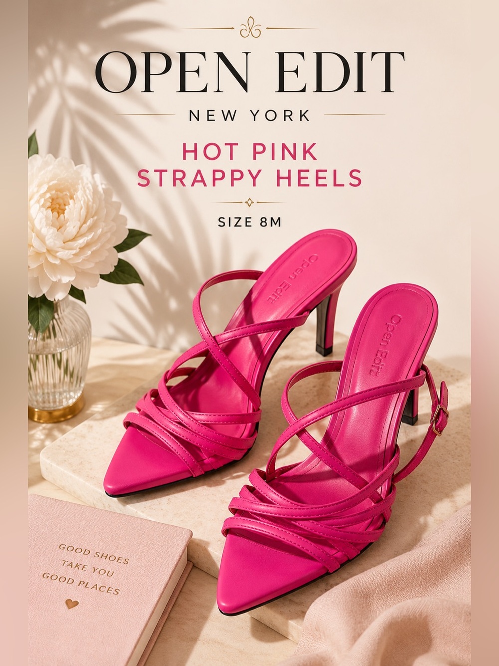 Open Edit Hot Pink Strappy Pointed Toe Heels Size 8M